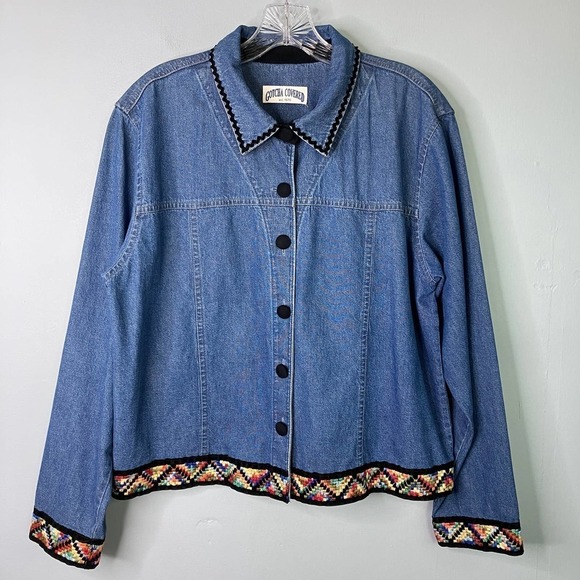 Vtg Gotcha Covered Denim Button Up Shacket Colorful Geometric Embroidered Size L - Picture 9 of 16
